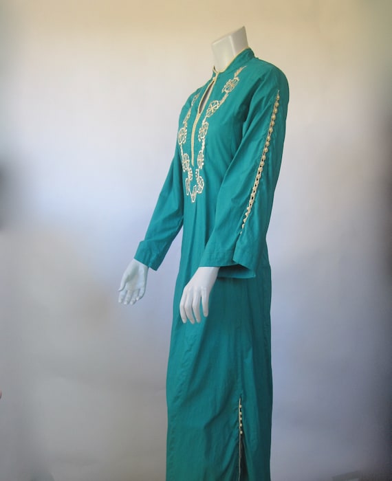 70s Embroidered Caftan - Vintage Jade Green Cotto… - image 3