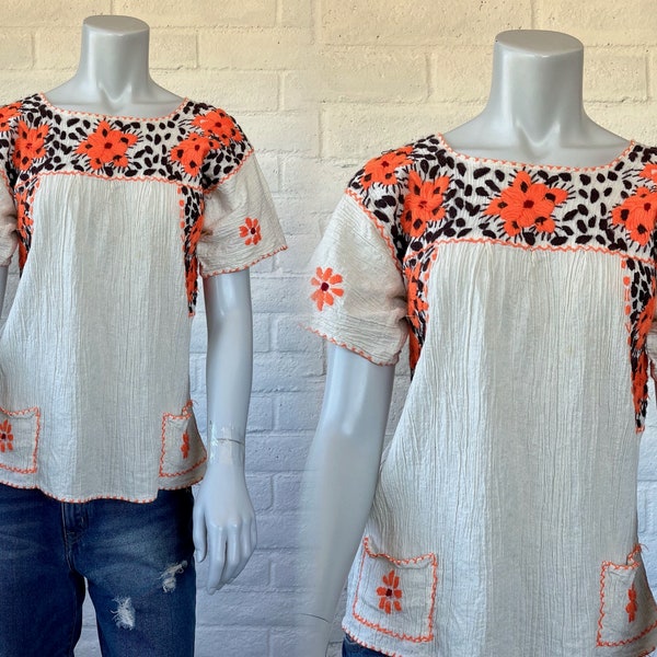 70s Embroidered Top - Vintage White Gauze Blouse with Orange Blossom Embroidery - Pretty 1970s Gauzy Cotton Hippie Top S