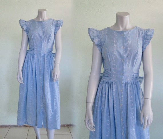 70s Prairie Dress - Vintage Blue Eyelet Lace Dress
