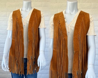 60s Fringed Suede Vest - Vintage Rawhide Fringe Vest Open Front - Hippie 1960s Leather Fringed Long Vest M