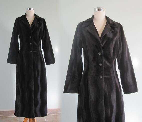 90s Velvet Duster - Vintage Black Velvet Coat - Se