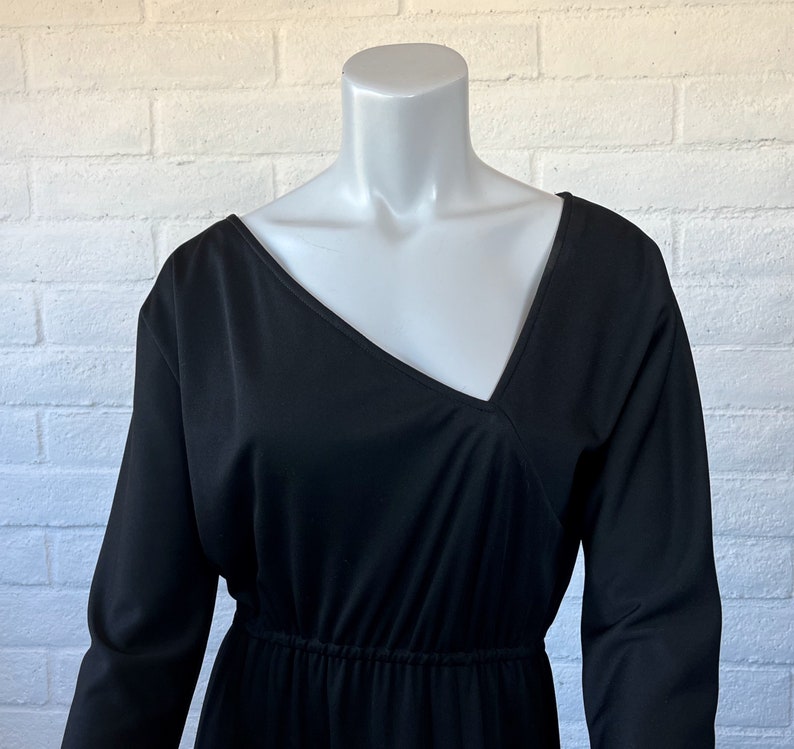 70s Victor Costa Dress Vintage Long Black Jersey Dress Sleek 1970s Black Dress w Asymmetrical Neckline & Slit Skirt M L image 5