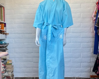 70s Sky Blue Chinese Embroidered Robe - Vintage 1970s Health Shanghai Summer Robe M