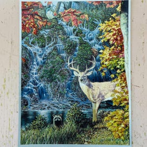 May include: A white-tailed deer stands in a forest setting with a waterfall in the background. The deer has large antlers and is looking to the left. There is a raccoon in the foreground, and the scene is painted in a realistic style.