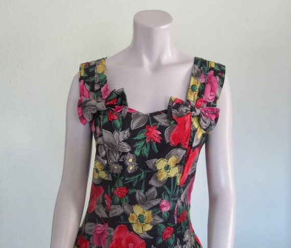 80s Floral Dress - Vintage Black Floral Cotton Su… - image 5