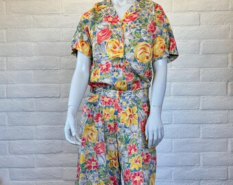 80s Liz Claiborne Shorts Set - Vintage 1980s Lizsport Floral Rayon Top Matching Shorts M