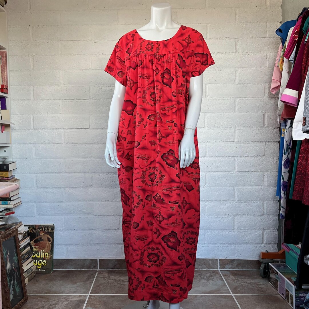 70s Ui-maikai Red Hawaiian Caftan Dress - Vintage 1970s Hawaii Print ...
