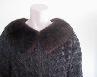 CLEARANCE 50s Ribbon Jacket - Mid Century Black Ribbon Knit Fur Collar Bolero - 1950s Black Soutache Evening Jacket S M