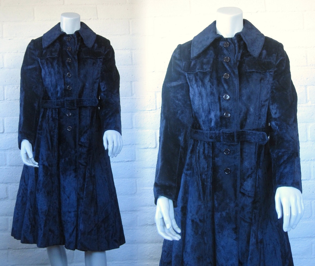 60s Crushed Velvet Coat Vintage Blue Velvet Trench Coat - Etsy