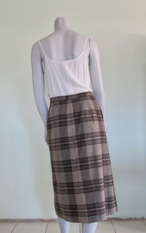 80s Wool Plaid Skirt - Vintage Brown & Black Wool… - image 6