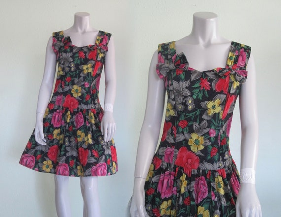 80s Floral Dress - Vintage Black Floral Cotton Su… - image 1