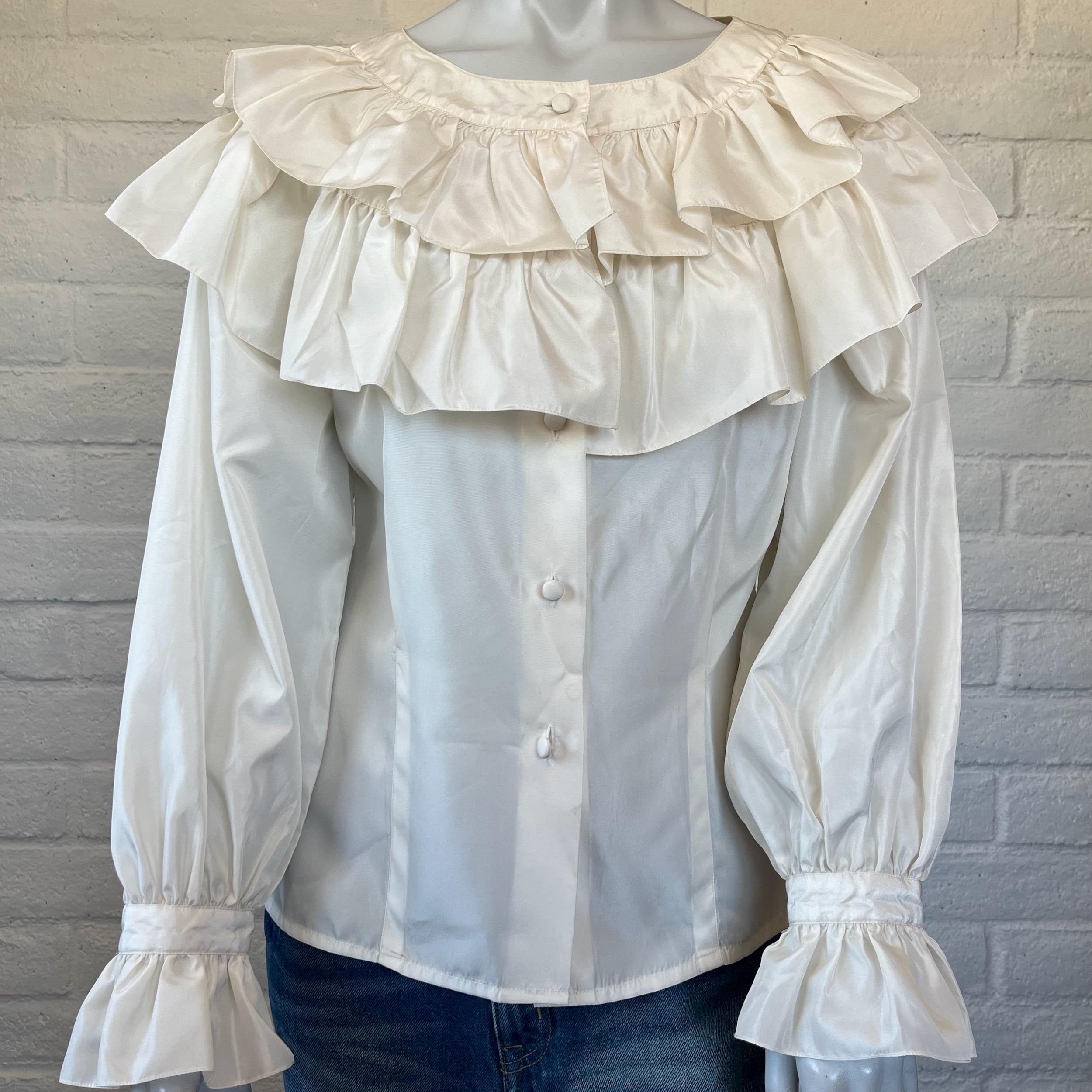 80s White Ruffled Blouse Vintage White Shirt W Huge Ruffle