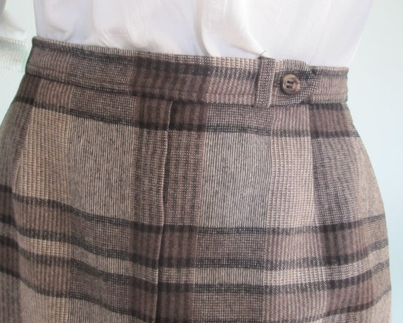 80s Wool Plaid Skirt - Vintage Brown & Black Wool… - image 4