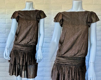 80s Gold Mini Dress - Vintage Drop Waist Metallic Mesh Dress - Chic 1980s Gold Cocktail Dress w Tiered Skirt XS S