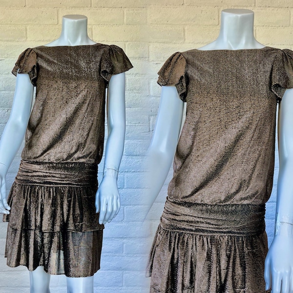 80s Gold Mini Dress - Vintage Drop Waist Metallic Mesh Dress - Chic 1980s Gold Cocktail Dress w Tiered Skirt XS S