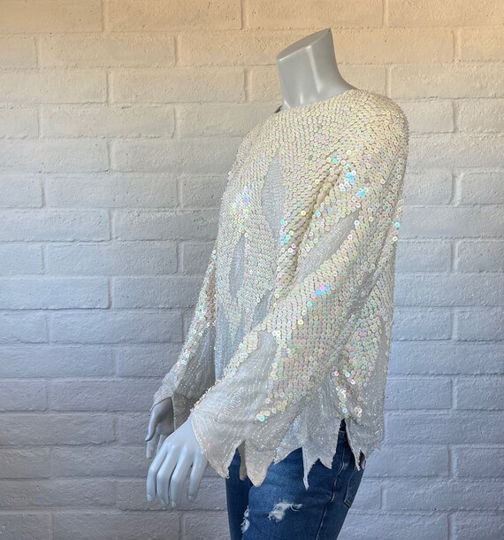 80s Silk Beaded Blouse - Vintage Cream Bead and S… - image 4