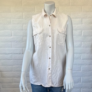 White Linen Top - 90s White Sleeveless Button Up - Vintage Linen & Cotton Cream Blouse - Classic 1990s White Linen Shirt S