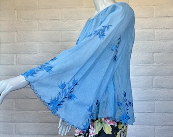 70s Sheer Embroidered Peasant Top - Vintage 1970s Blue Boho Blouse Bell Sleeves L