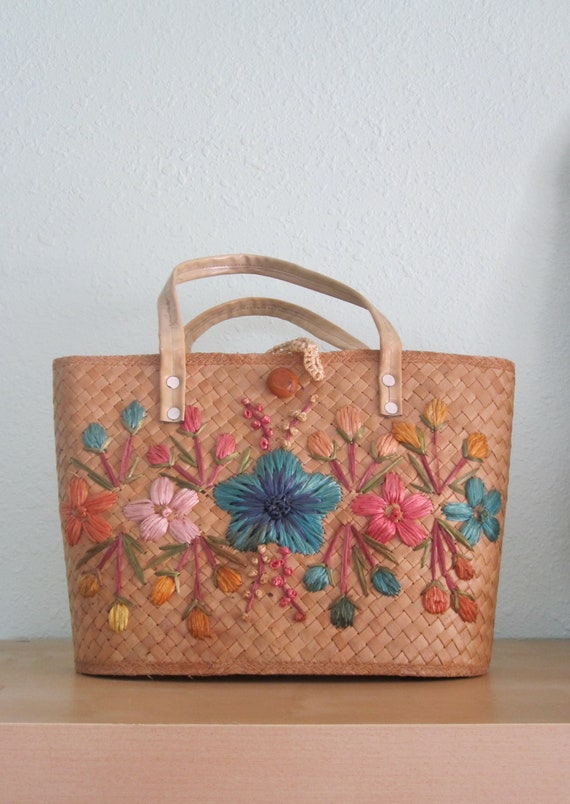60s Straw Bag - Vintage Straw Purse with Raffia Fl