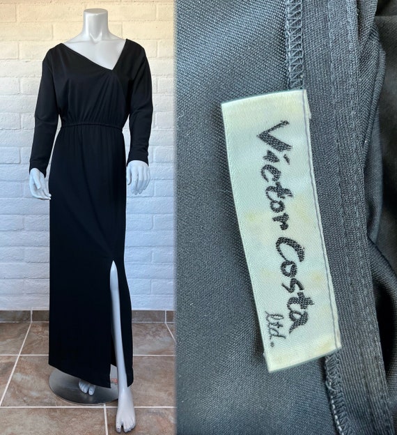 70s Victor Costa Dress - Vintage Long Black Jerse… - image 1