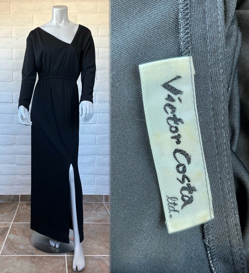 70s Victor Costa Dress Vintage Long Black Jersey Dress Sleek 1970s Black Dress w Asymmetrical Neckline & Slit Skirt M L image 1