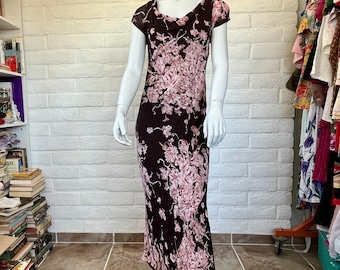 Cowl Neck Dress - Vintage 90s Brown Rayon Maxi Dress Rose Print Bias Cut - Beautiful 1990s Grunge Floral Dress by Nostalgia M L