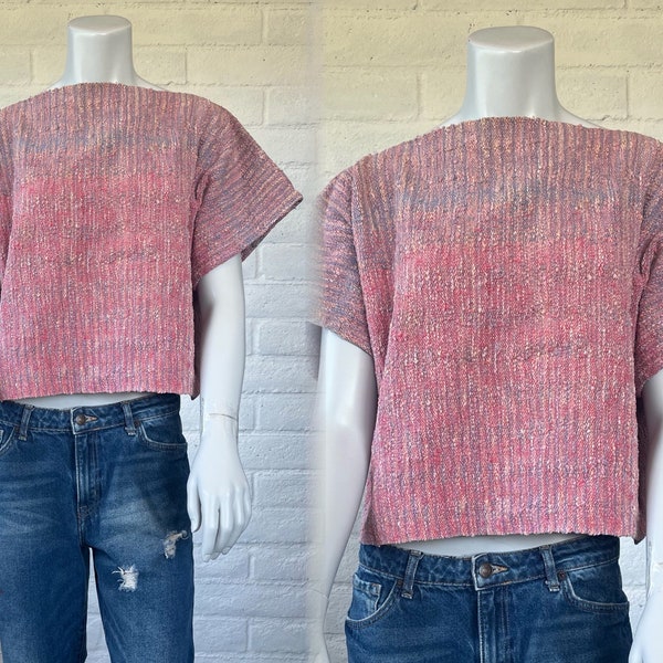 80s Hand Woven Top - Vintage Pink Woven Sweater Short Sleeves - Rustic 1980s Pink & Lavender Boxy Top S M L