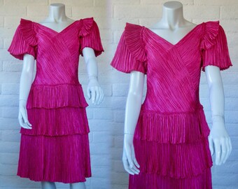 Vintage Mary McFadden Couture Dress - Glamorous 80s Hot Pink Plisse Evening Gown - 1980s Magenta Cocktail Dress S