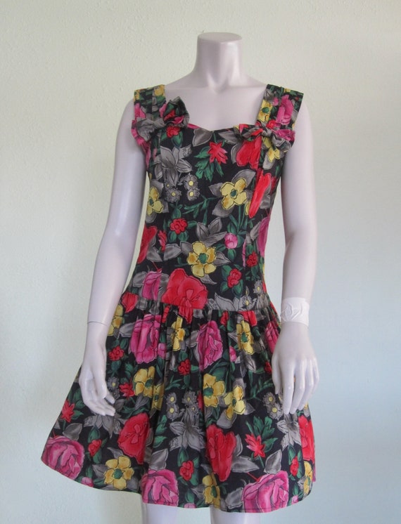 80s Floral Dress - Vintage Black Floral Cotton Su… - image 2