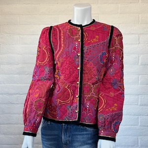 Paisley Quilted Jacket - Vintage 80s David Molho Red Quilted Blazer w Velvet Trim - 1980s French Designer Mixed Print Cropped Jacket S