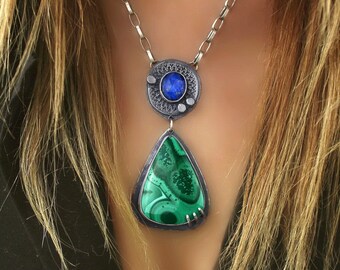 The Sea of Dreams - Malachite and Lapis Lazuli Sterling Silver Necklace