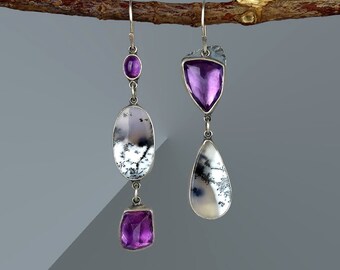 SOLD -    Creation's Light - Dendritic Opal and Amethyst Sterling Silver Earrings
