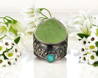 Nature's Heart  - Carved Prehnite and Ethiopian Opal Sterling Silver Ring