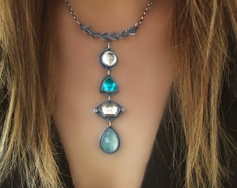 The Light of a Galaxy - Crystal Quartz, Chalcedony and Quartz Sterling Silver Necklace