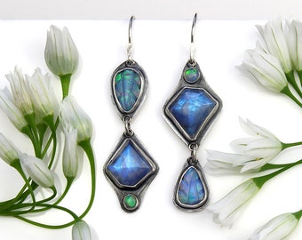 Blue Moon Lake - Moonstone and Ethiopian Opal Sterling Silver Earrings
