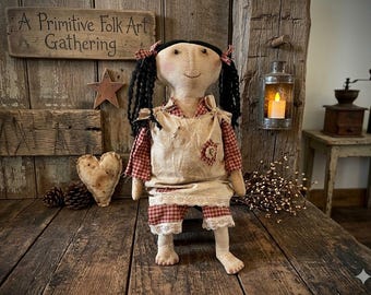 Primitive Doll Handmade Muslin Folk Art, Rustic Farmhouse Country Decor, Grunged Tea Stained Fabric Doll