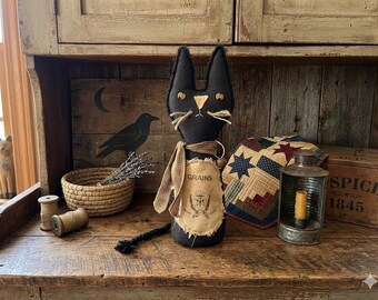 Primitive Black Cat Doll – Grain Sack Patch, Folk Art Halloween Decor