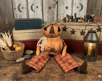 Primitive Sitting Pumpkin Doll: Fall Decor, Handmade Art