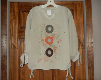 Women's SMALL v neck tunic pullover sweatshirt, appliqued fruit loops, sandstone,  handmade