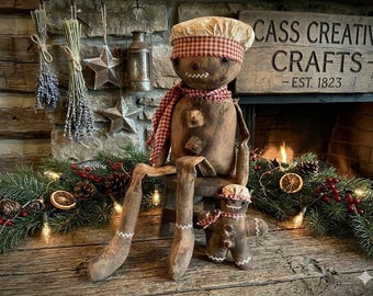 Primitive Gingerbread Man Doll/+Baby:  Handmade primitive decor