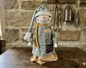 Handmade Primitive Snow Girl Doll: Standing snowman, Rustic Winter Decor, 18"