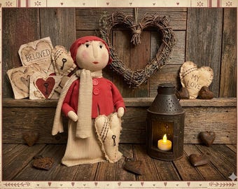 Handmade Primitive Girl Doll: Primitive Valentine/All Season, Rustic Decor, 18"