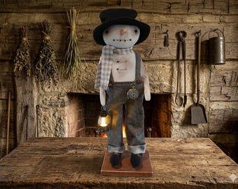 Primitive Standing Snowman Doll: Winter Decor, 26" Tall, Handmade Art
