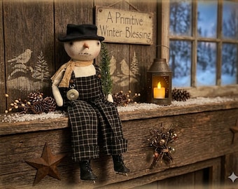Primitive Snowman Doll:  Skater, Primitive Decor, Winter, Handmade
