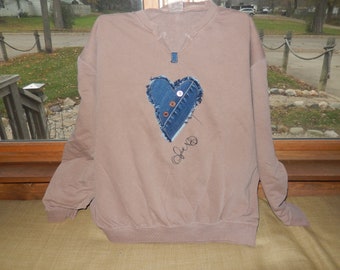 Womens more than one size lightweight v neck pullover sweatshirt, brown, denim heart, wearable art, all season, Valentines Day