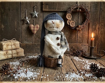 Primitive Snowman Doll with Lantern: Rustic Winter & Christmas Home Decor