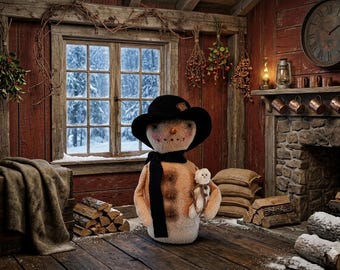 Handmade Primitive Snowman with Mini Snowman, Folk Art Decor