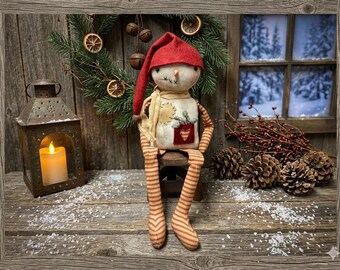 Handmade Primitive Snowman Doll:  Folk Art Decor