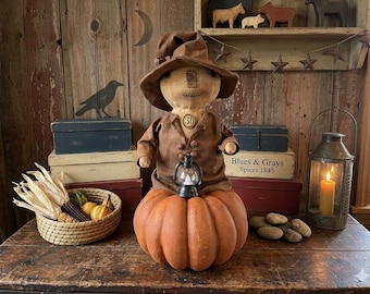 Primitive Scarecrow Doll on Pumpkin:  Handmade, Halloween/Fall Decor