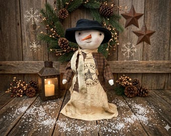 Handmade Primitive Snow Girl Doll: Standing snowman, Rustic Winter Decor, 18"